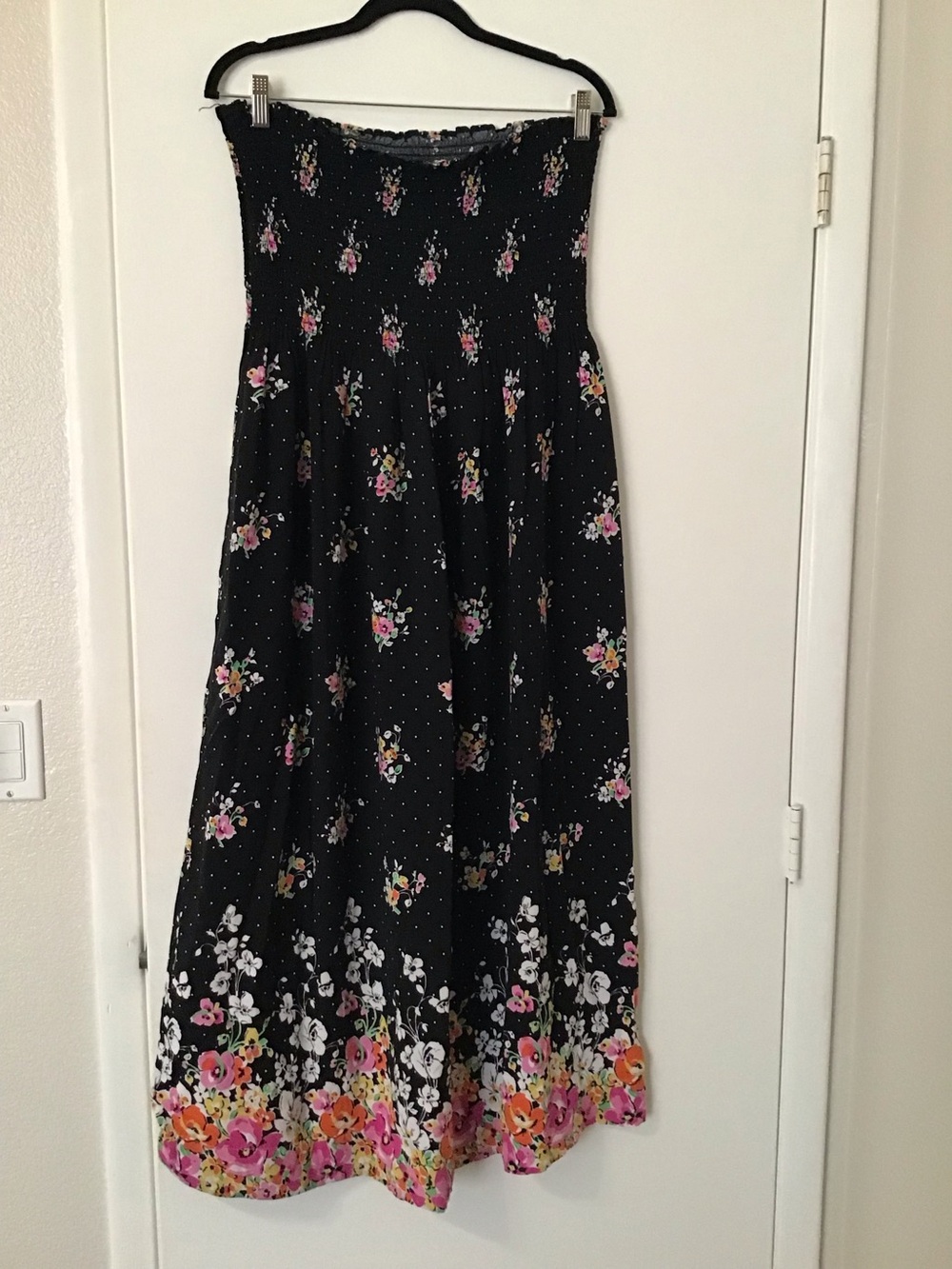 Black Floral Strapless Maxi Dress with Pink & Orange Border